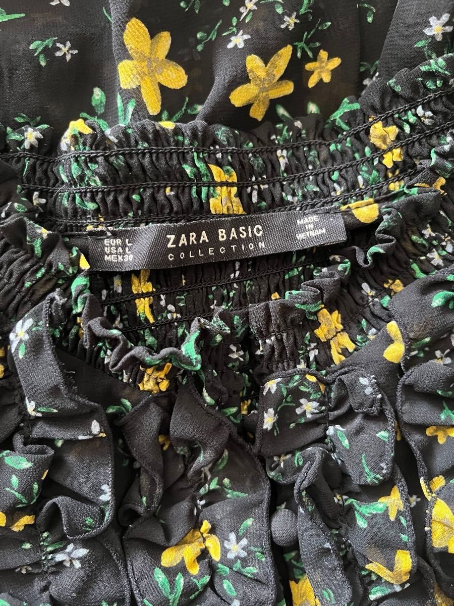 ZARA ザラ　ブラウス　シャーリング　フリル　シースルー　トップス　花柄　黒　黄　緑