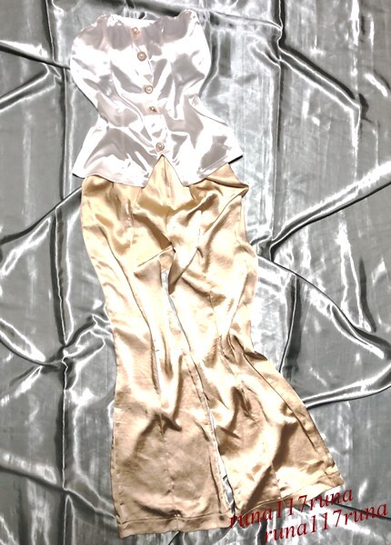 超光沢サテン 超ツルツル 超スベスベ 艶ツヤ チューブトップ＆パンツ ロング ゴールド ピタピタ密着 イベコン 女装 コスプレ 衣装 フェチの画像2
