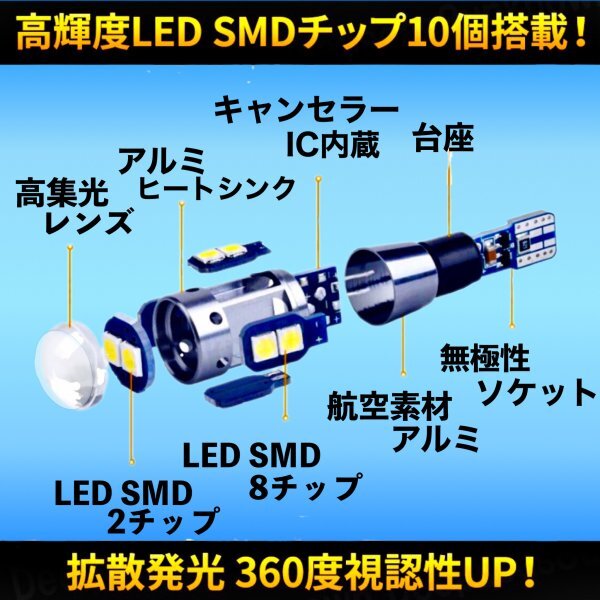 T10 T16 LED バルブ ホワイト 4個 10SMD 12V 24V CANBUS キャンセラー ポジション バックランプ ウインカー ナンバー 明るい 爆光 車検対応_画像9