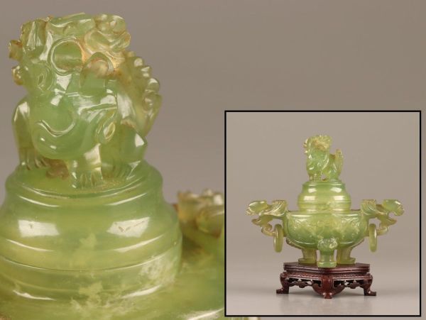中国古玩 唐物 緑砡石 翡翠 置物 遊環 香炉 時代物 極上品 初だし品 C3426