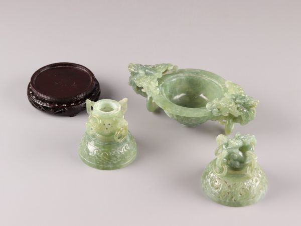 中国古玩 唐物 緑砡石 翡翠 置物 遊環 香炉 時代物 極上品 初だし品 C5185_画像9