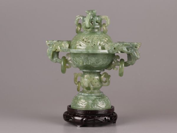 中国古玩 唐物 緑砡石 翡翠 置物 遊環 香炉 時代物 極上品 初だし品 C5185_画像3