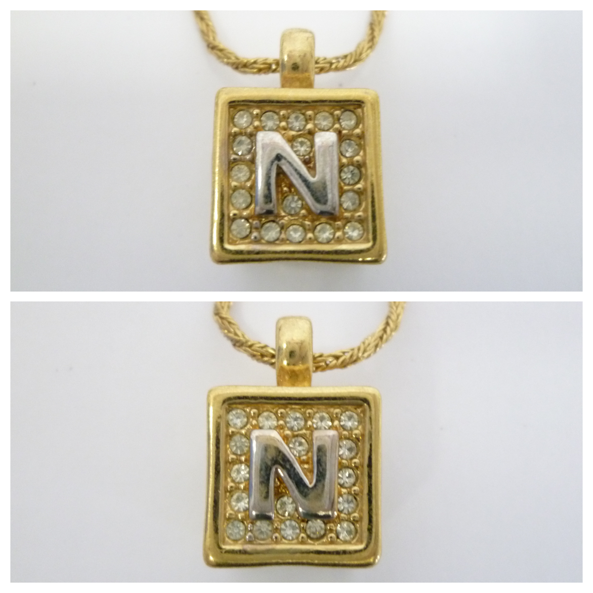 61751◆アクセサリー NINA RICCI/ニナリッチ ネックレス キューブ NRロゴ ラインストーン ゴールドカラー/金色 全長:約60cm◆_画像3