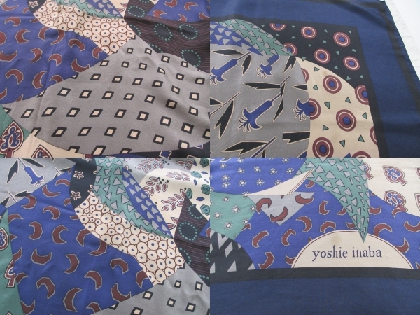 〔 送料込み！ 〕 yoshie inaba ヨシエイナバ ネイビー プリント 柄 シルク 大判 スカーフ ( 紺 絹100％ 和風 アクセ アクセサリー 巻き物の画像8
