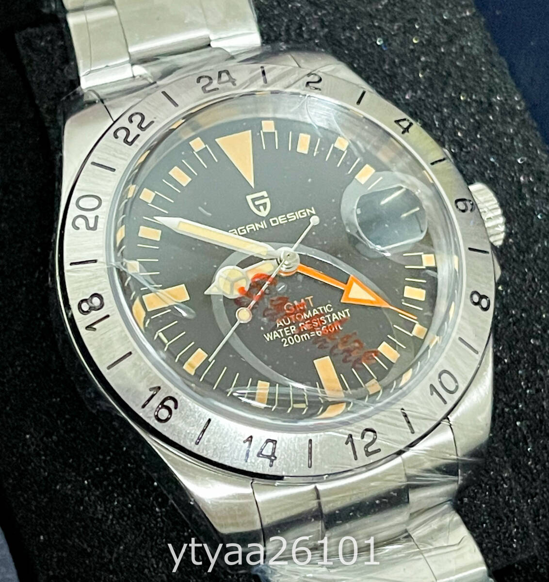 【腕時計 未使用 新品 1円～】PAGANI DESIGN 自動巻き エクスプローラーⅡ オマージュ PD-1693 42mm メンズ 自動巻 GMT 黒 オレンジ針の画像2