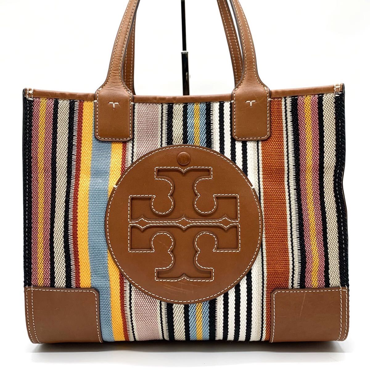 1円【美品】TORY BURCH トリーバーチ ハンドバッグ トートバッグ エラ 十字ロゴ ストライプ キャンバス マルチカラー ブラウン 肩掛け_画像2