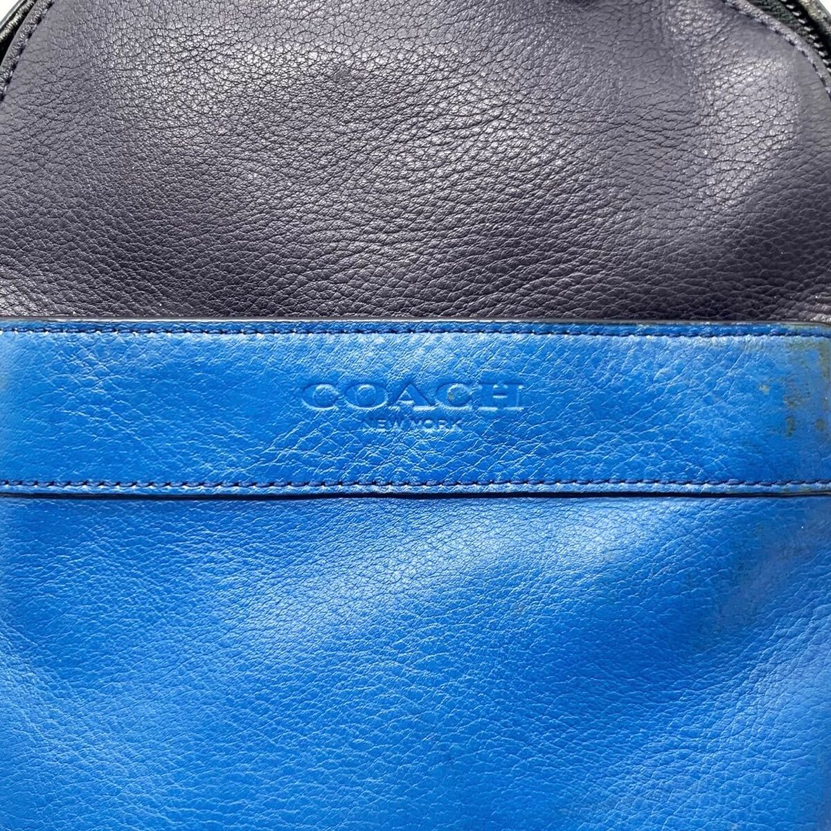 1円【極上】COACH コーチ ショルダーバッグ メンズ トート ボディバッグ ロゴ型押し 斜め掛け バイカラー レザー 本革 ブルー ブラック_画像9