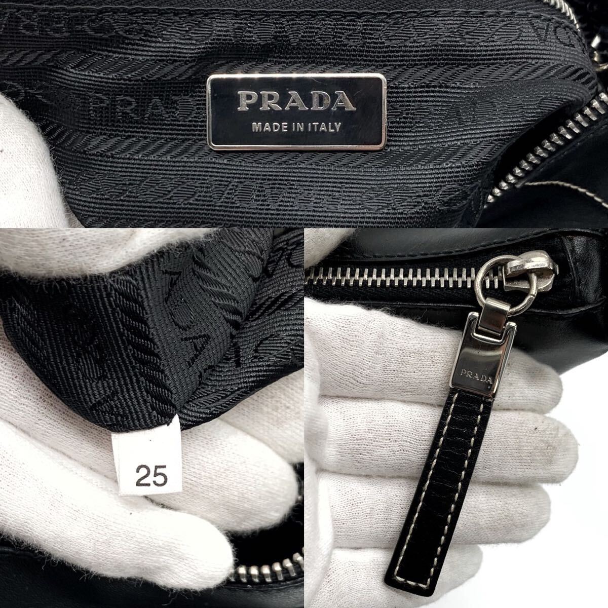 1円【激レア美品】PRADA プラダ アクセサリーポーチ ハンドバッグ トート 三角プレート レザー 本革 ブラック シルバー金具 白タグ 黒色_画像10