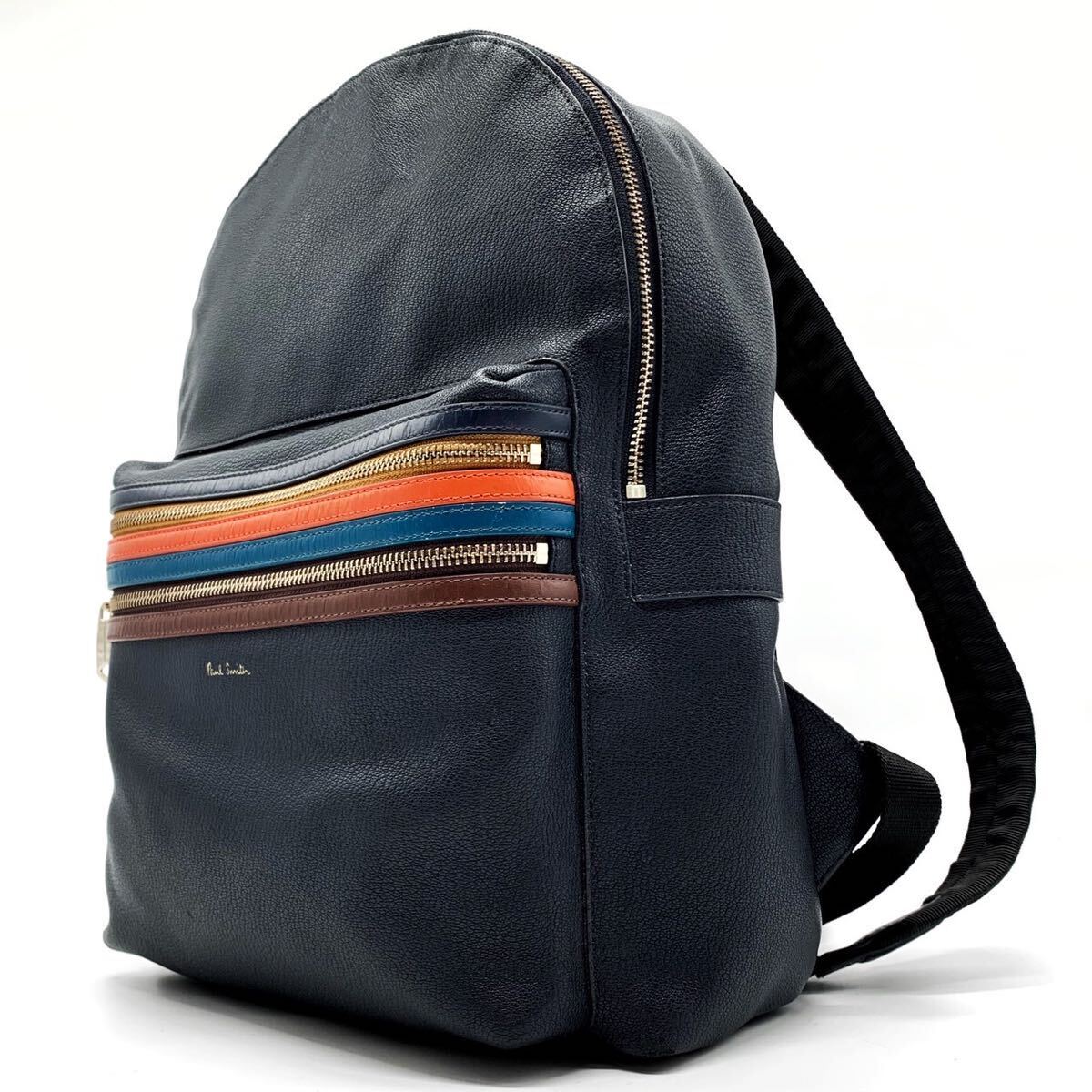 1円【紳士】Paul smith ポールスミス リュックサック バッグバック A4収納 メンズ ボーダー レザー 本革 ブラック マルチカラー 大容量の画像1