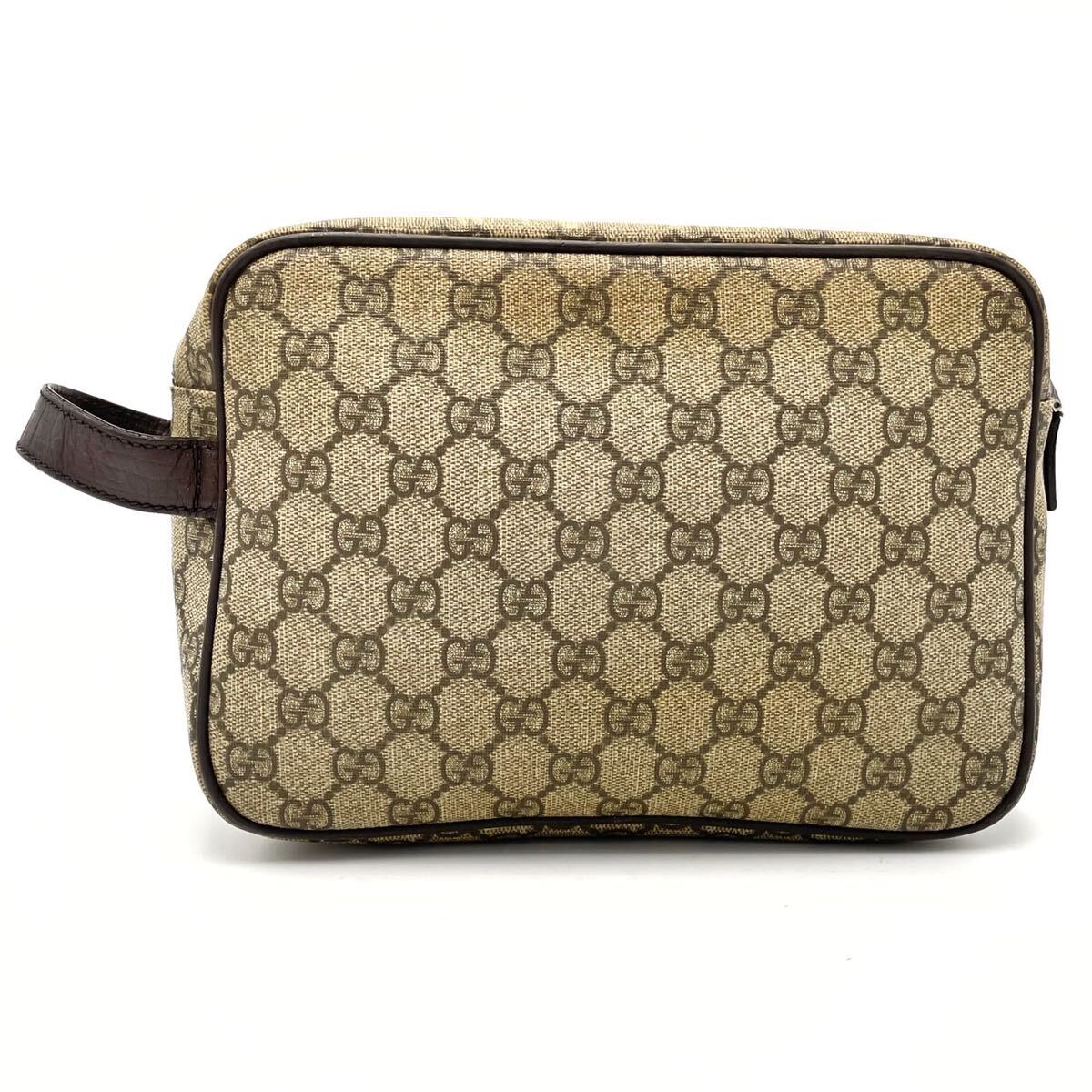 1円【極上】GUCCI グッチ クラッチバッグ セカンド ハンド GG柄 シルバー金具 ロゴ型押し PVCレザー ブラウン 茶色 メンズ レディース_画像3