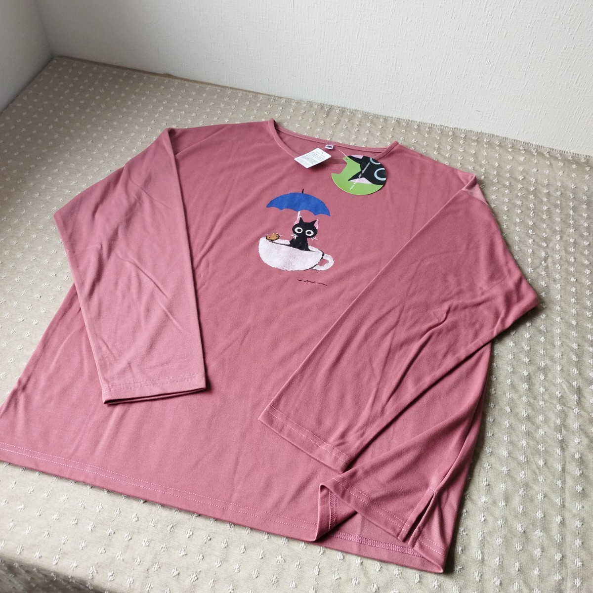 未使用 タグ付 クロネコ pink カットソー Tシャツ チュニック 長袖 ゆったりシルエット L 洗濯機洗い 香月和夫●ネコポス 送料無料