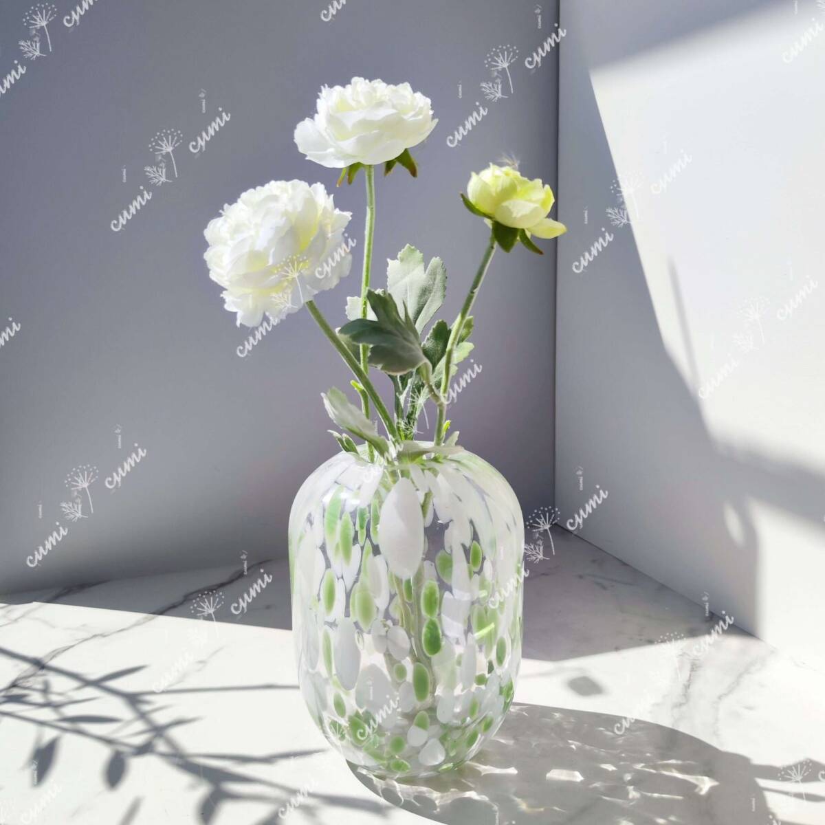 [ Северная Европа ] полька-дот узор белый цвет зеленый стекло ваза цветок основа crystal интерьер модный прозрачный прозрачный Kirakira 