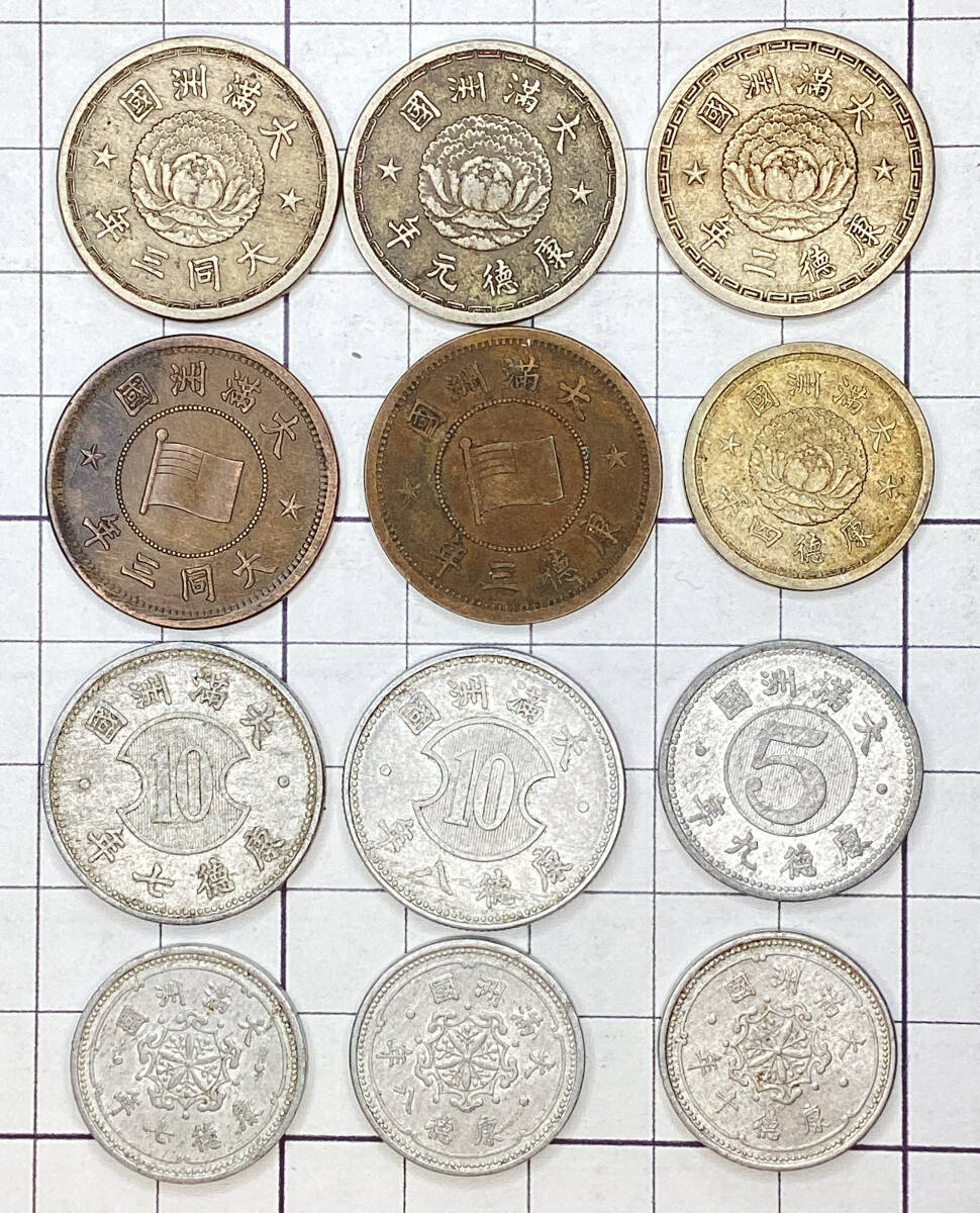 外国貨幣 満州 旧壹角（3枚）壹分銅貨（2枚）旧アルミ壹角（2枚）五分白銅貨（1枚）旧アルミ五分（1枚）旧アルミ壹分（3枚）計12枚_画像2