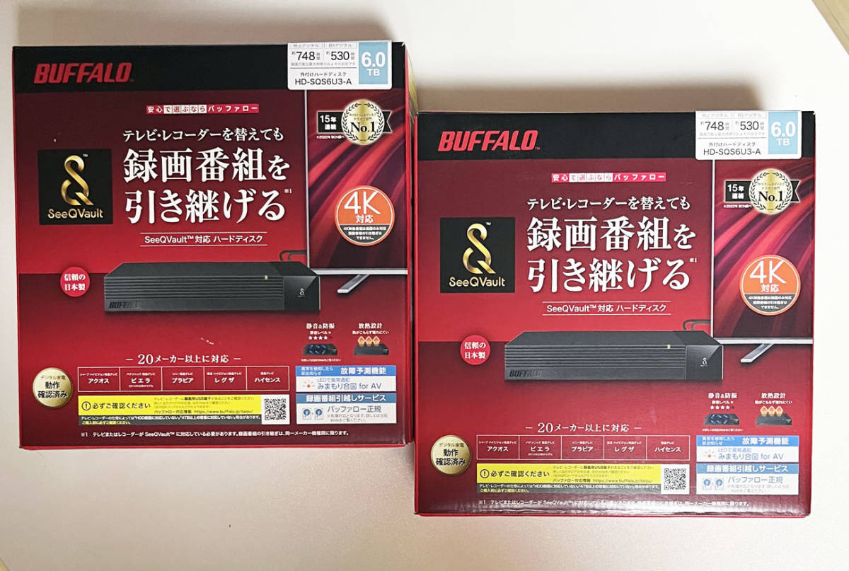 送料無料 未開封 【2個セット】BUFFALO TV用外付けハードディスク HD-SQS6U3-A SeeQVault対応 6TBの画像1