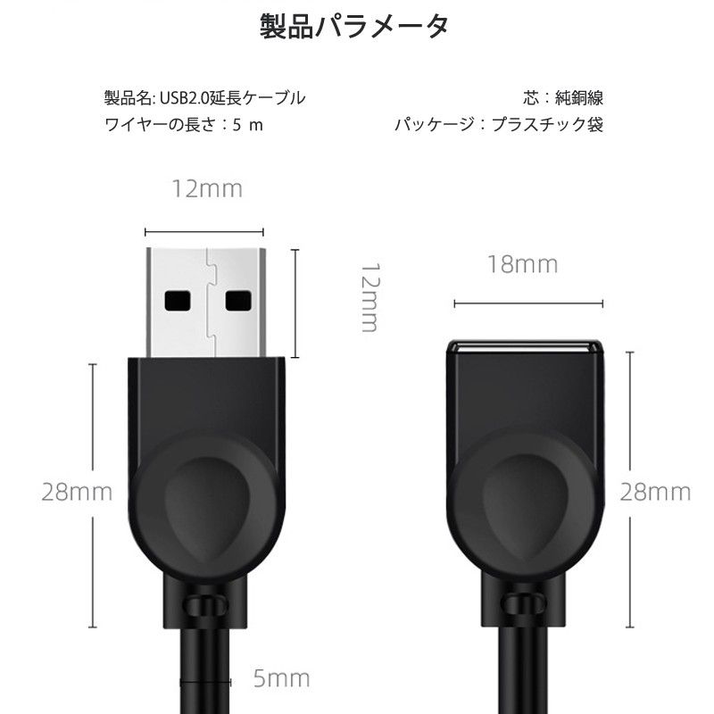 USB延長ケーブル 5m USB2.0 延長コード5メートル USBオスtoメス データ転送 パソコン テレビ USBハブ 
