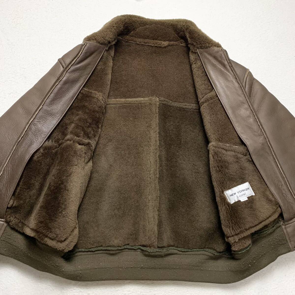  rare L new yo- car [ finest quality. ram leather ]NEWYORKER rider's jacket mouton boa leather jacket blouson sheepskin sheep leather Brown 