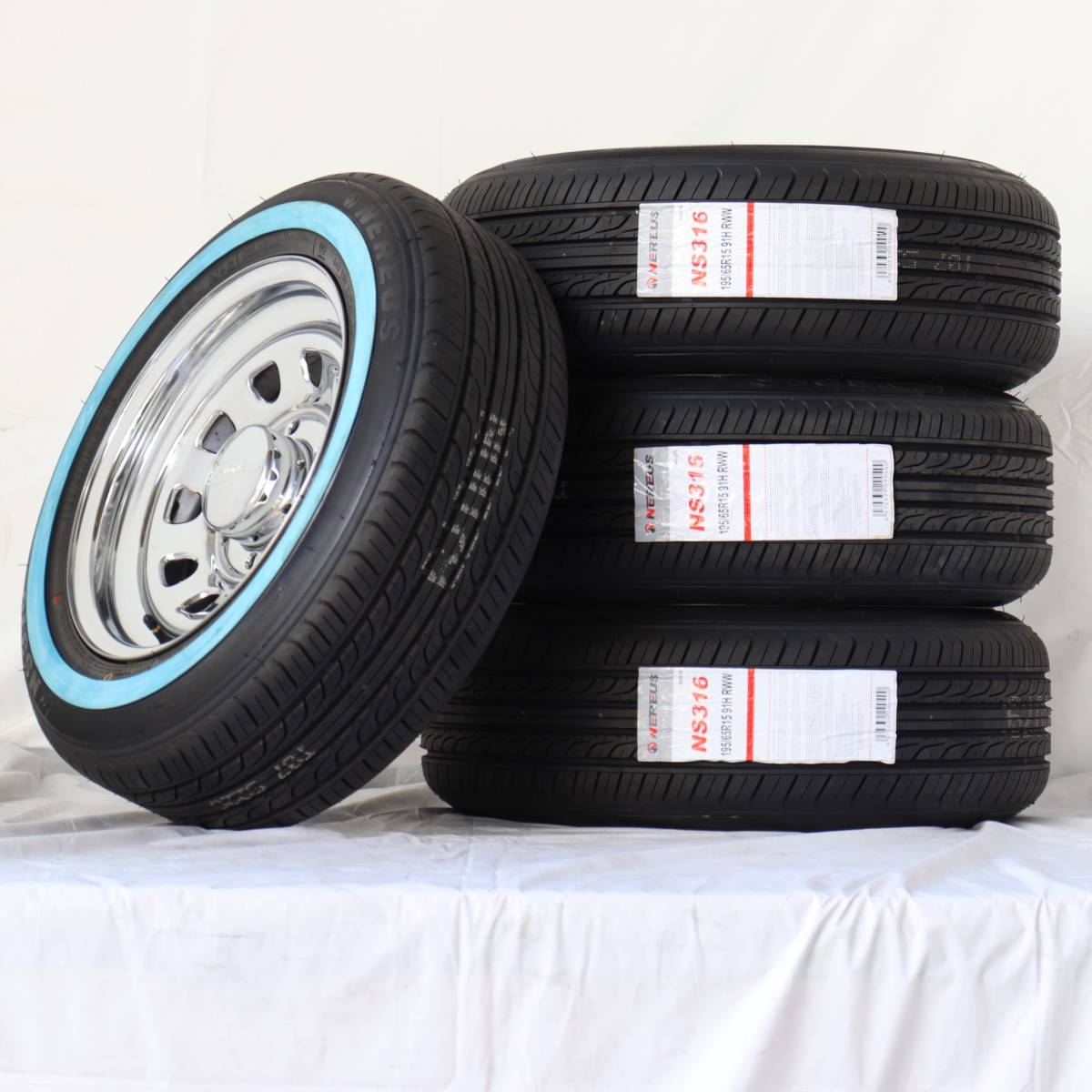 新品 デイトナ 15-7.0J＋12 6-139.7 クローム タイヤ付4本SET 195/65R15 ホワイトリボン アウトレット特価(W0455)_画像6