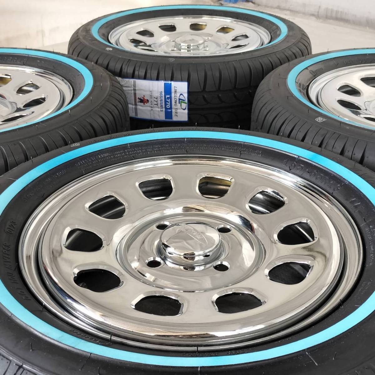 新品 デイトナ 13-4.5J＋40 4-100 クローム タイヤ付4本SET 165/65R13 ホワイトリボン バモス エブリイ NVAN (W2467-LL2)_画像3