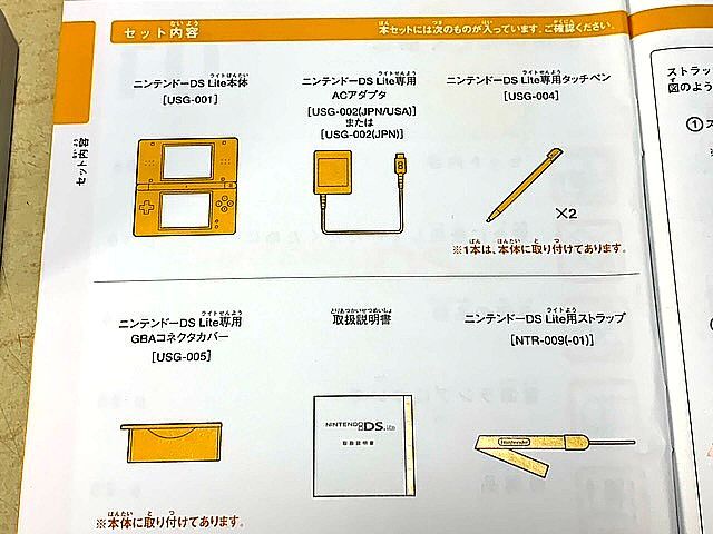 完動品　Nintendo　任天堂　ニンテンドーDS Lite　本体　純正３DS用ACアダプター　説明書　元箱_取扱説明書の付属品はこうなっています