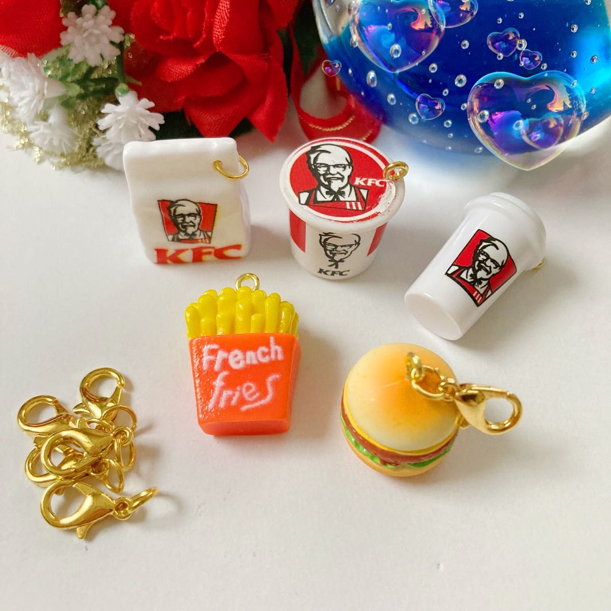 ミニチュア，フェイクフード☆ハンバーガーセット【5点】ハンドメイド･アクセサリー☆ポテト･ドリンク☆パーツ・無加工･カン付き