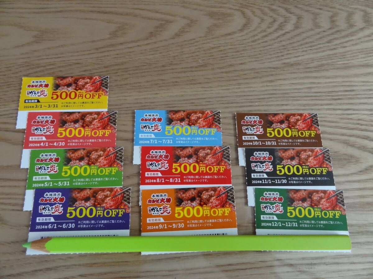 本格焼肉カルビ大将　味のがんこ炎　500円OFF券　9枚　4500円割引分　4月~12月分　アトム年間クーポン冊子_画像1