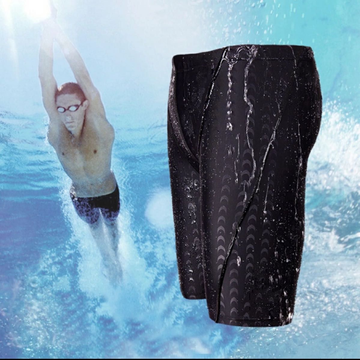 メンズ 水着＆スイムキャップセット Lサイズ 黒 ブラック 水泳 ジム 海 プール 筋トレ 膝丈 スイミング スイムウェア 新品