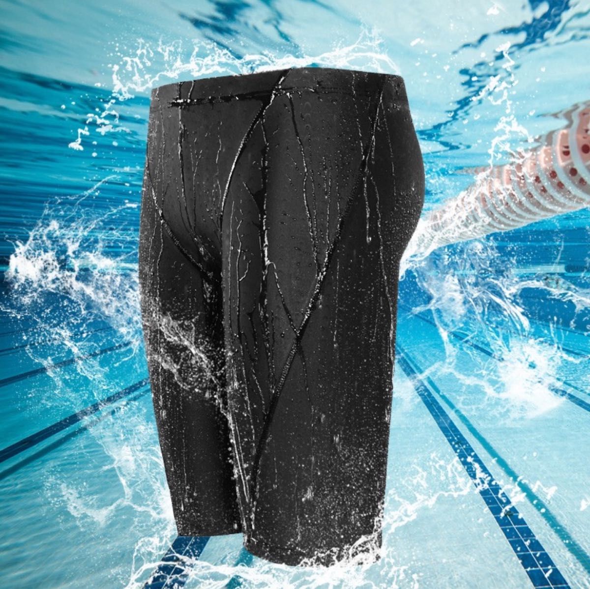 メンズ 水着＆スイムキャップセット Lサイズ 黒 ブラック 水泳 ジム 海 プール 筋トレ 膝丈 スイミング スイムウェア 新品