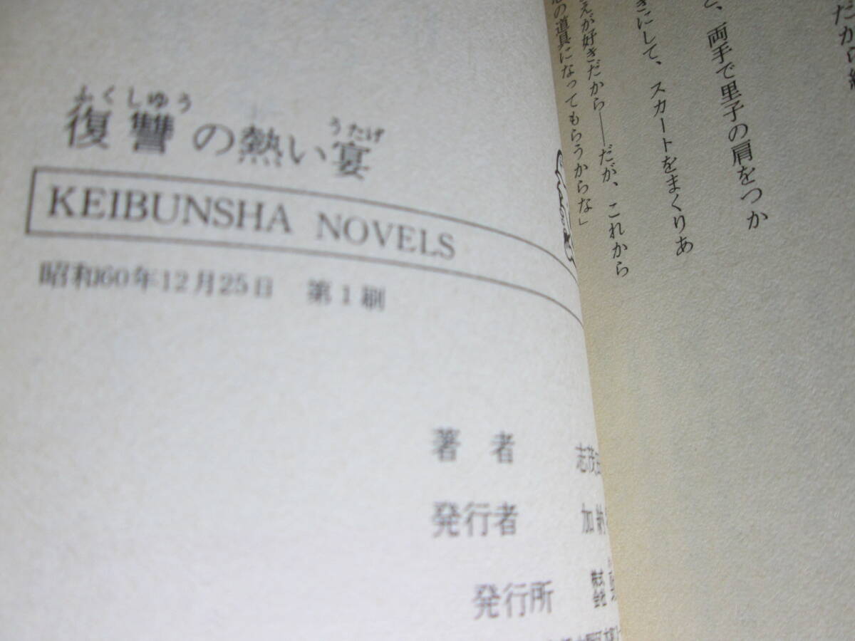 ◇志茂田景樹『復習の熱い宴』啓文社ノベルズ;昭和60年初版帯付;カバー;野中昇*熾烈な企業情報戦で復讐と暴虐の長篇官能バイオレンス！_画像3