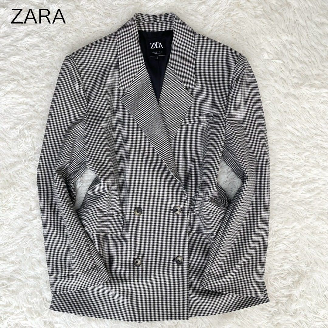 ZARA 【美品】テーラードジャケット ダブル M 白 黒 モノトーン チェック柄 レディース ザラ セットアップ