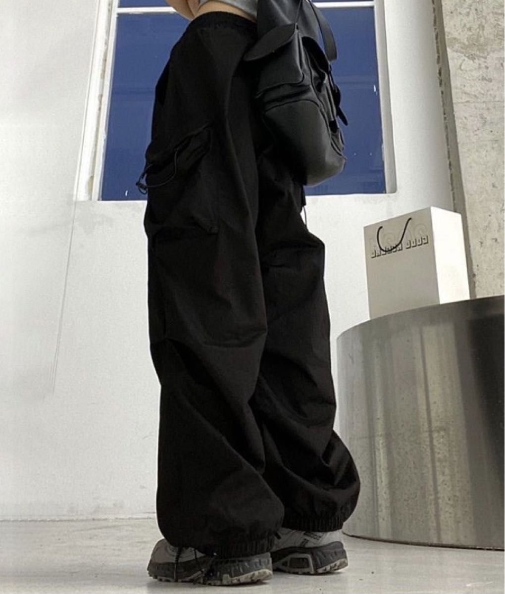 ブラック XL パラシュートカーゴパンツ　ワイドパンツ　ストリート カーゴパンツ ワークパンツ ワイド 原宿 韓国 ウエストゴム