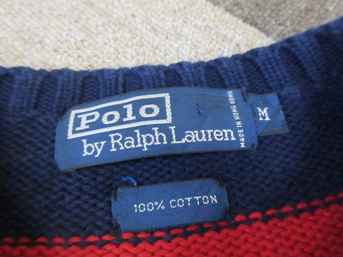 90s Ralph Lauren コットンニット M 赤紺 太ボーダー トレーナー セーター ラルフローレン Polo ワンポイント RL ヴィンテージ オールド_画像3