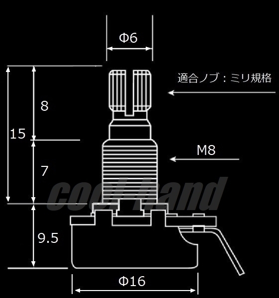ALPHA 16-15-A250K-Brass　ミニポット　φ16mm　15mm長　ミリ　M8　ブラススレッド　アルファ　Aカーブ_画像2