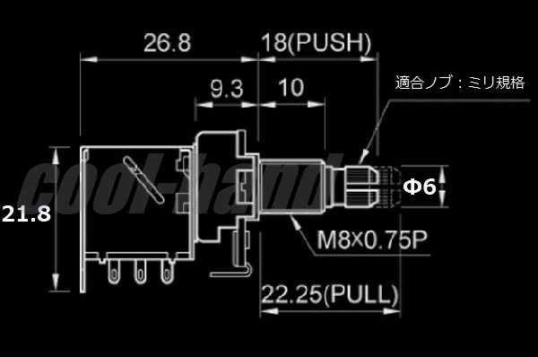 ALPHA PL-A250K-Brass スイッチポット プッシュプル ミリ M8 PUSH-PULL ブラススレッド アルファ Aカーブの画像2