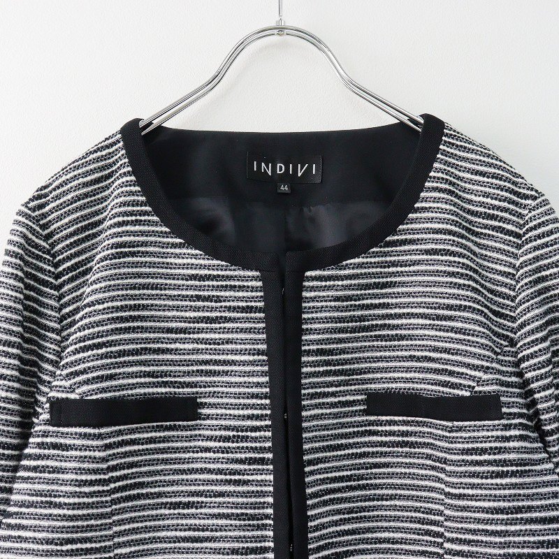  Indivi INDIVI tweed no color jacket 44/ white black feather weave outer long sleeve [2400013787482]
