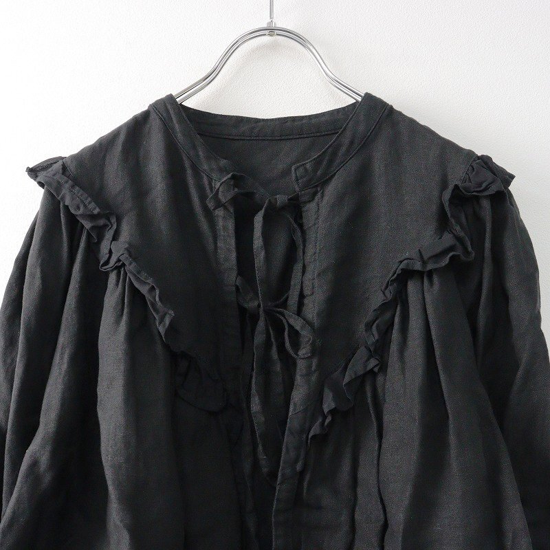  beautiful goods 2023AWne straw bnest Robe ribbon × Boyle 2WAY frill blouse F/ black tops linen front opening feather weave [2400013784481]