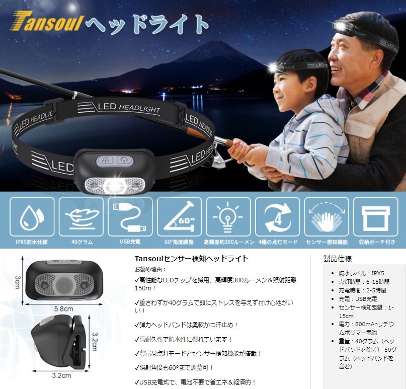 2個セットセンサー感知機能 USB充電式 ヘッドライト ledヘッドライト 防水 60°角度調整 夜釣り 登山 キャンプ 作業 アウトドア 災害