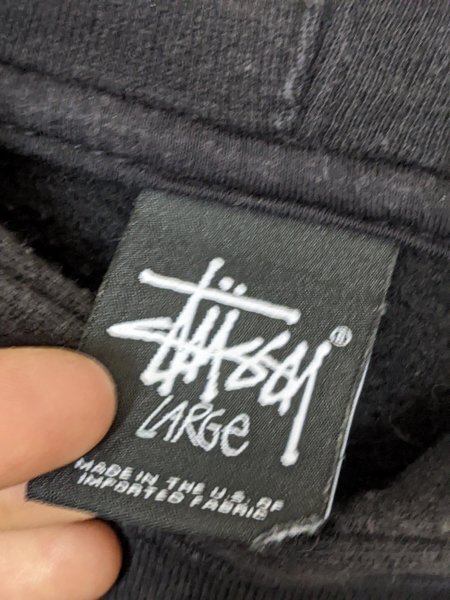 20．USA製 STUSSY ステューシー プリント 袖ロゴ サン フェード カラー スウェット パーカー プルオーバー フーディー メンズL 黒白y908_画像6