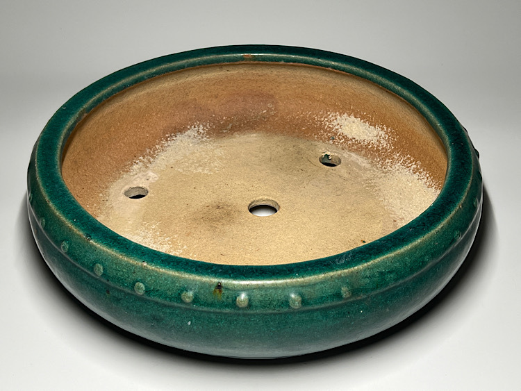 【瑞】陶器　緑釉　平丸形　植木鉢　幅：約３１ｃｍ_画像1