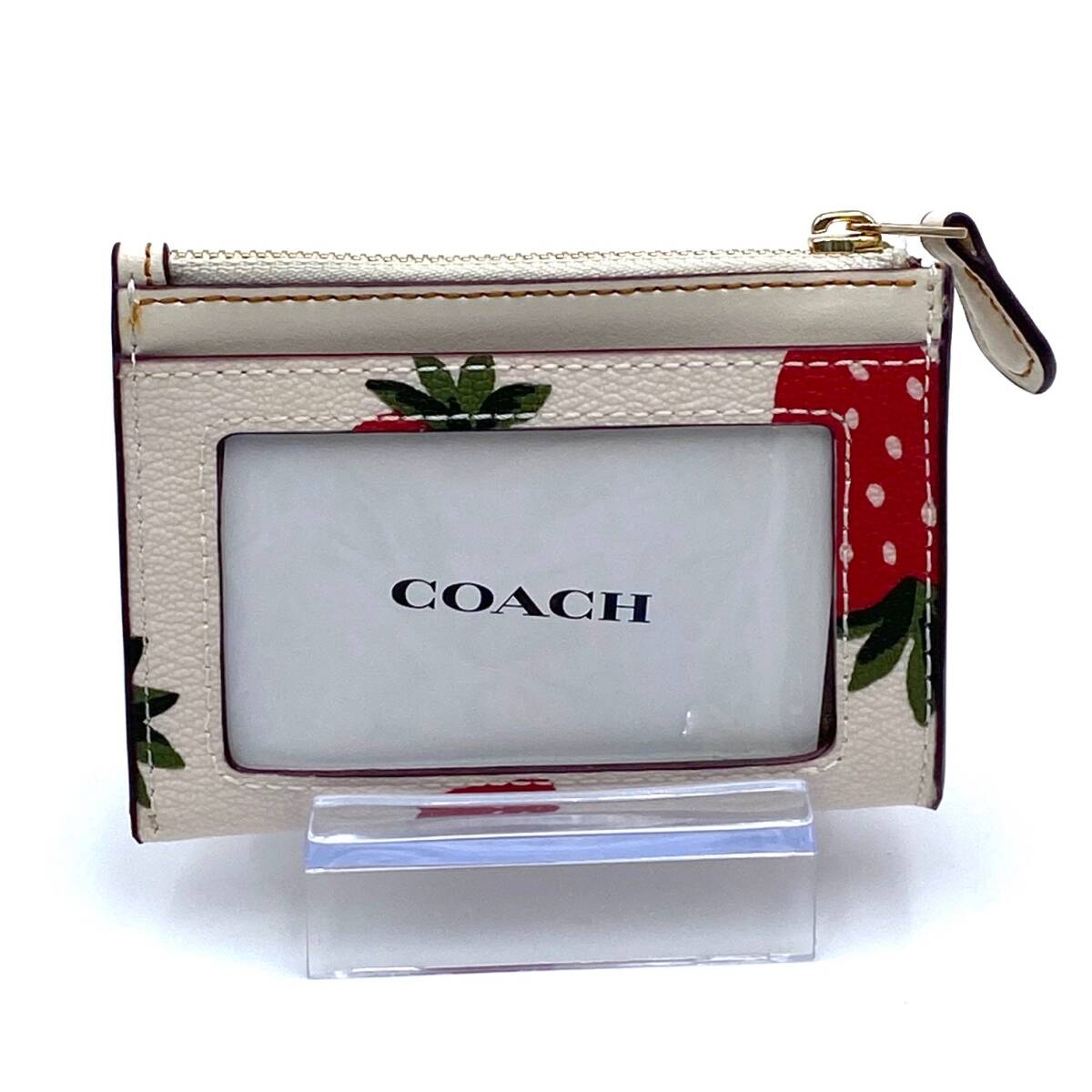 1円～ 未使用 COACH コーチ パスケース ワイルド ストロベリー プリント 定期入れ ミニIDケース レディース　CH541 チョーク いちご 苺_画像3