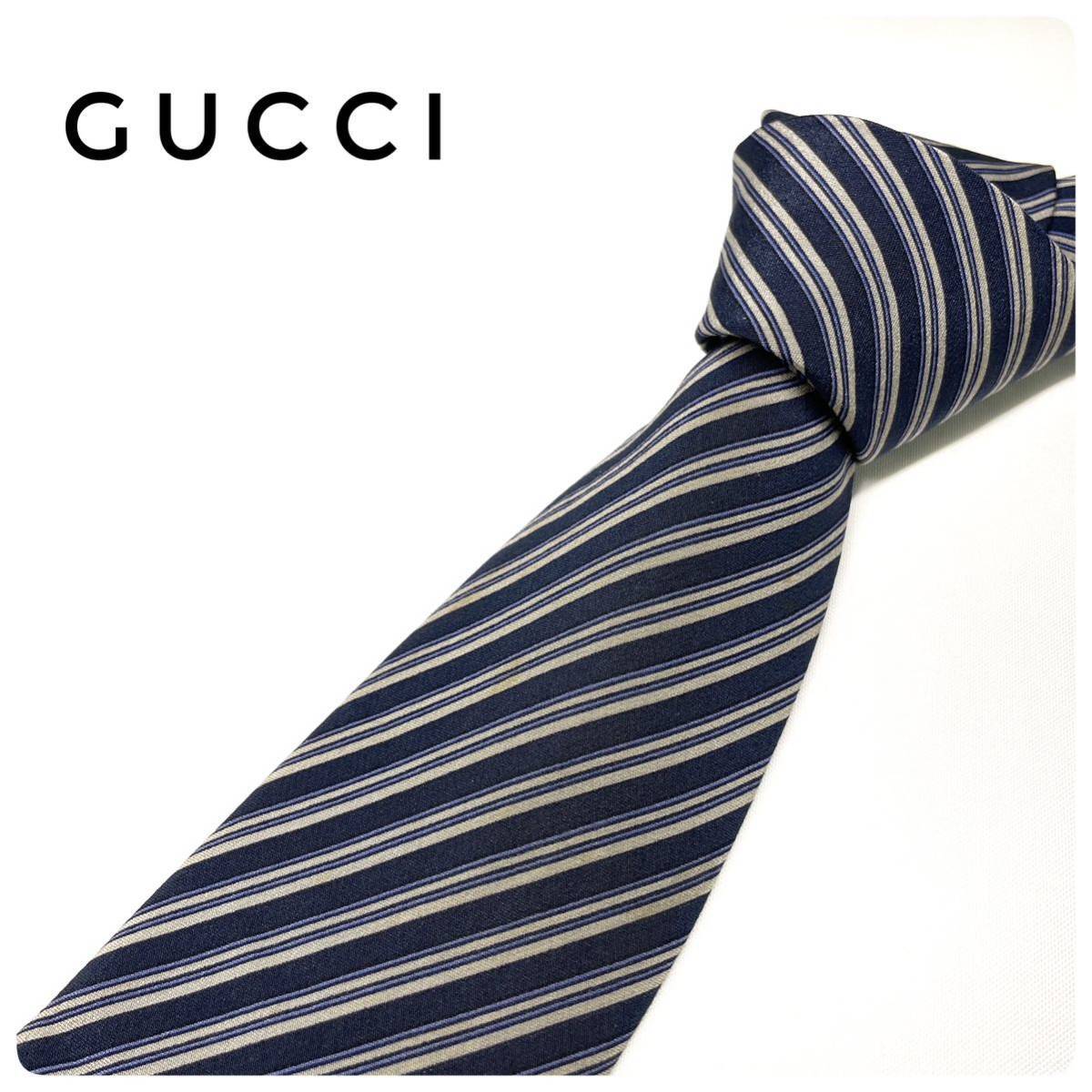 グッチ GUCCI プリント 総柄 シルク100% ネクタイ 剣先幅9cm フォーマル メンズ 紳士 服飾小物 ネイビー系 ストライプ柄 良品_画像1