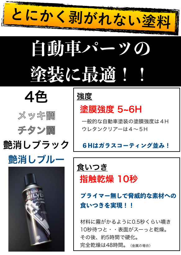 トラックパーツ塗装に最適！とにかく剥がれない スプレー 塗料４色(艶消ブラック/メッキ調/チタン調/艶消ブルー)徳用4本セット！送料1本分の画像1