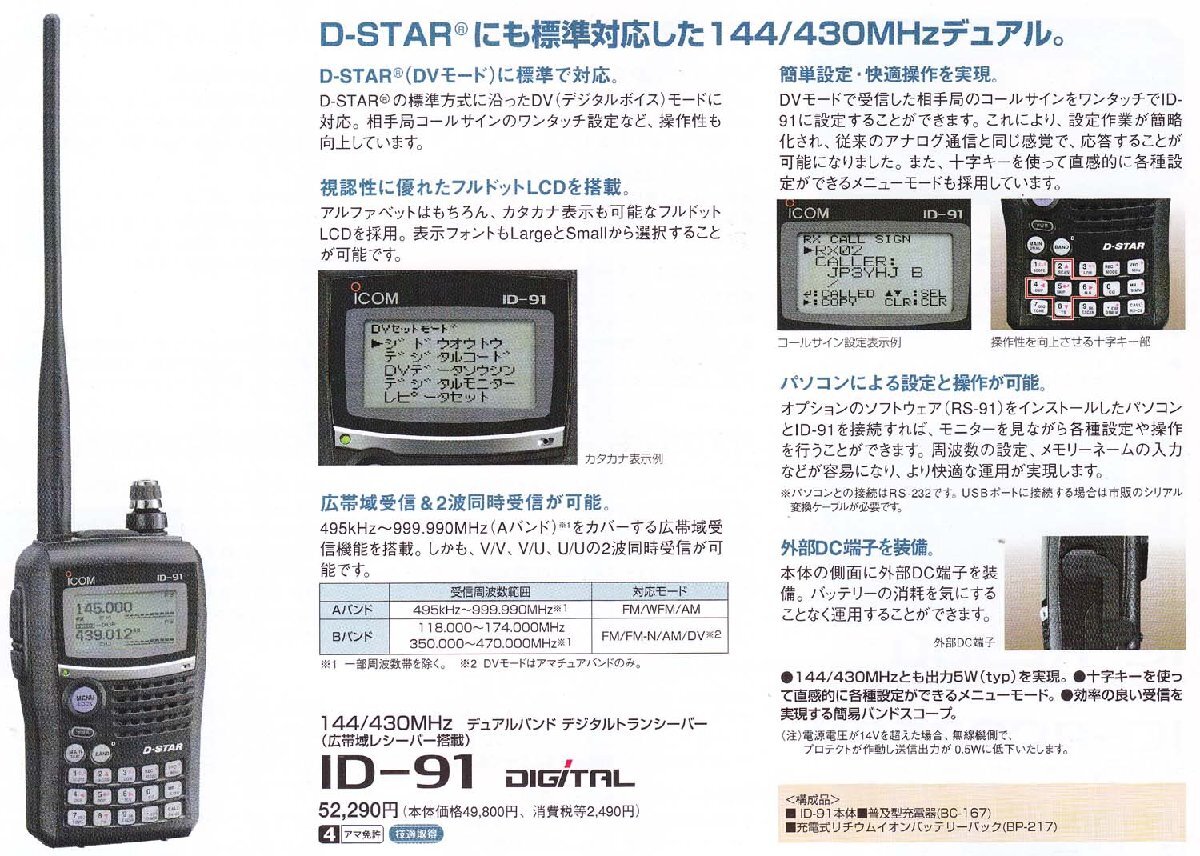 ID-91【ICOM】144/430MHz(FM,DV)5W ハンディトランシーバー　新スプリアス基準対応_画像2