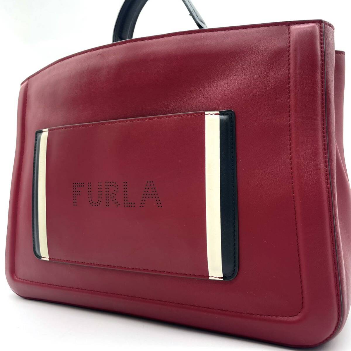 入手困難/A4収納◎ フルラ FURLA メンズ ビジネス トートバッグ レアーレ REALE パンチングロゴ レザー 赤 レッド 希少カラー◎_画像1