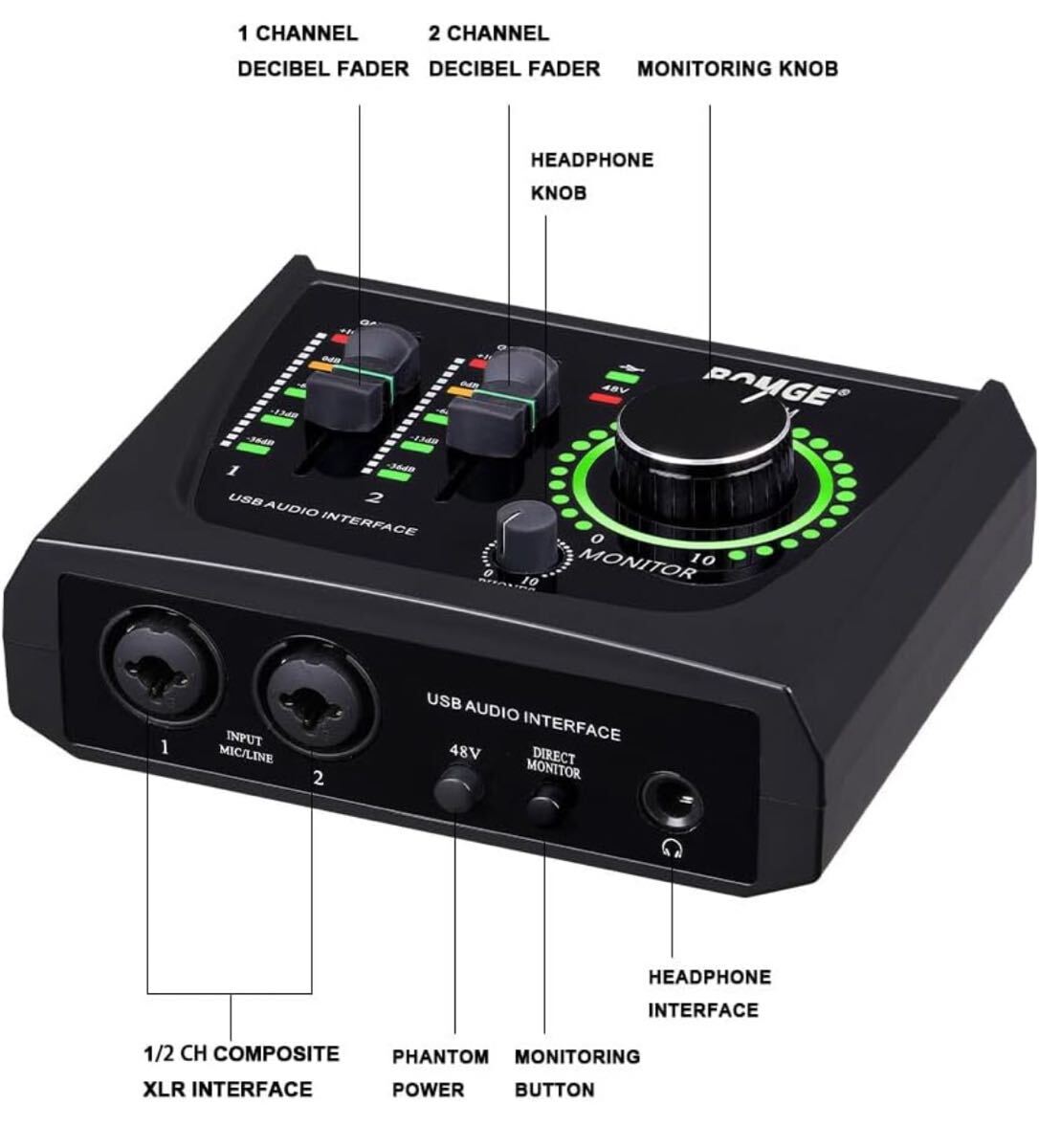 BOMGE ミニ 2 チャンネル USB オーディオ インターフェイス、レコーディング、ストリーミング、ポッドキャスティング用、XLR/48V _画像9