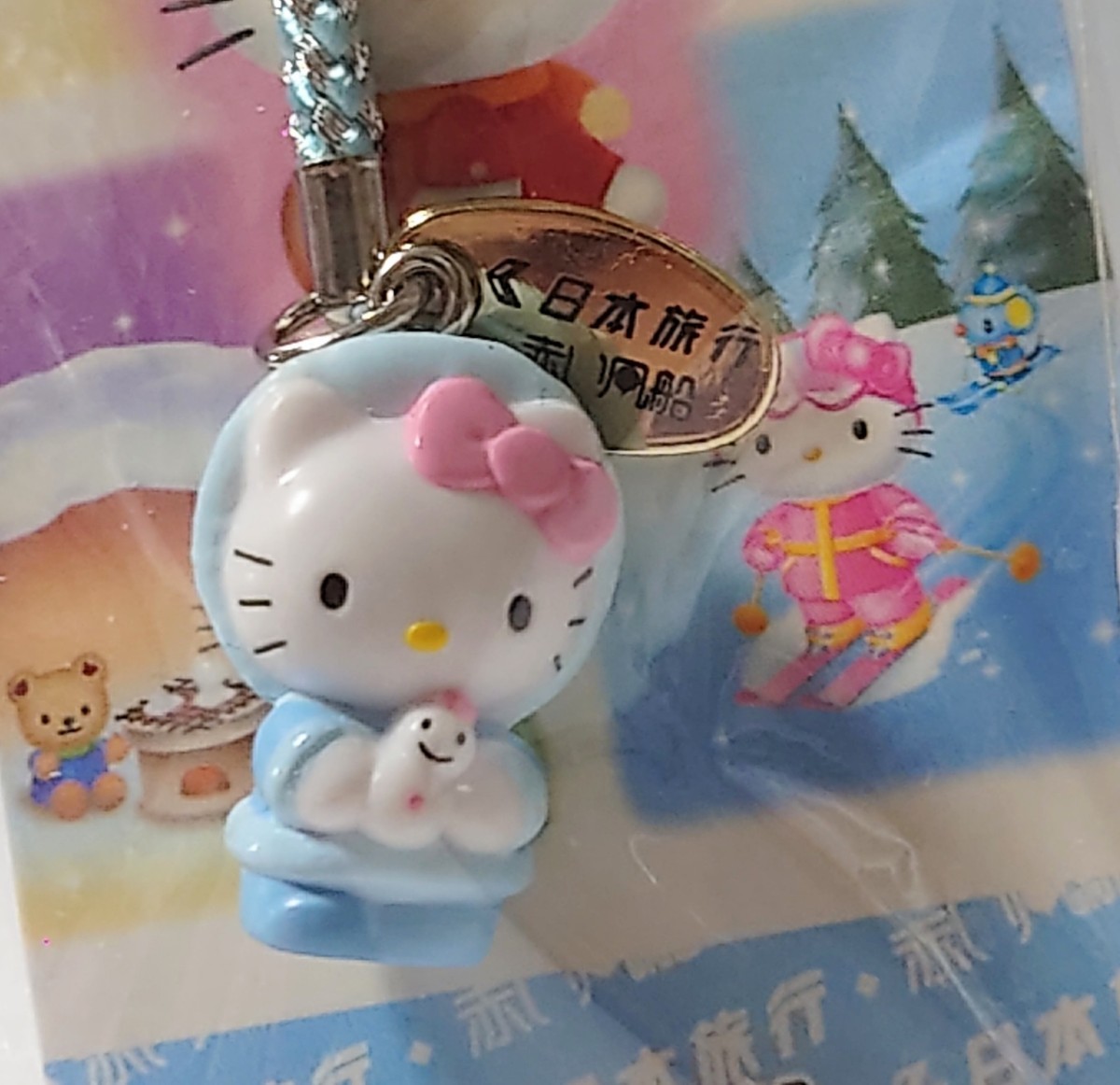 非売品 ハローキティ Hello Kitty 日本旅行 赤い風船 スキー & スノーボード ツアー 雪だるま 抱っこ 根付け ストラップ 2004年_画像1