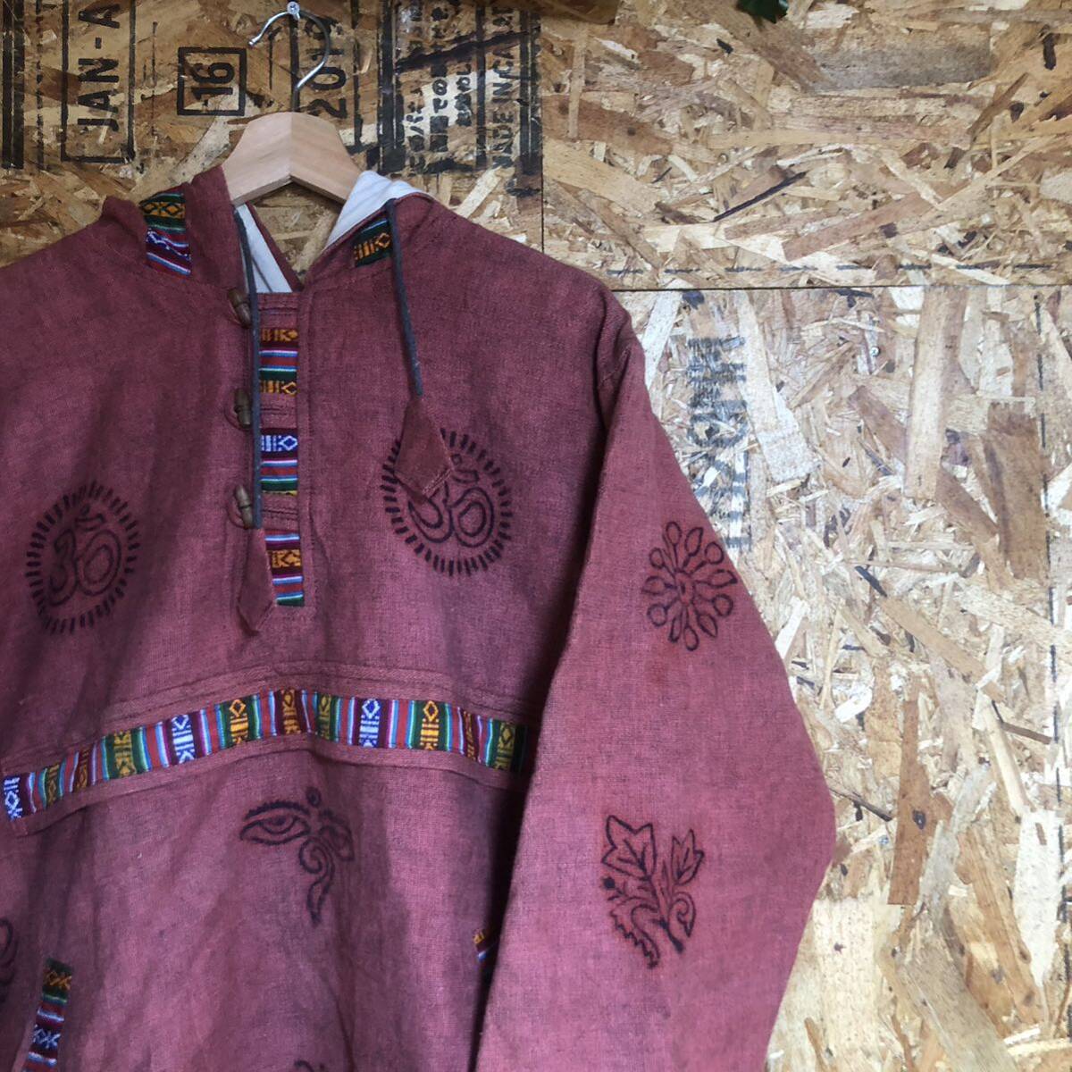 ネイティブ柄 コットンアノラックパーカー 民族柄 ネパール製 チロリアンパーカー ハーフボタン 民族衣装 ジャガード ヴィンテージ風 XL_画像2