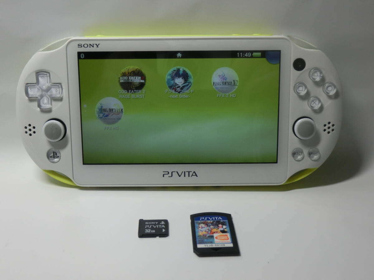 【№3013-ｇ6004】PlayStation Vita （PCH-2000シリーズ） Wi-Fiモデル 本体・ソフト付・32GBメモリーカード付 ライムグリーン/ホワイト の画像1