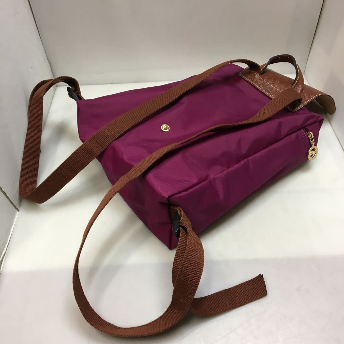 38-10 LONGCHAMP リュック パープル ブラウン ロンシャン ナイロン レザー バックパックの画像8