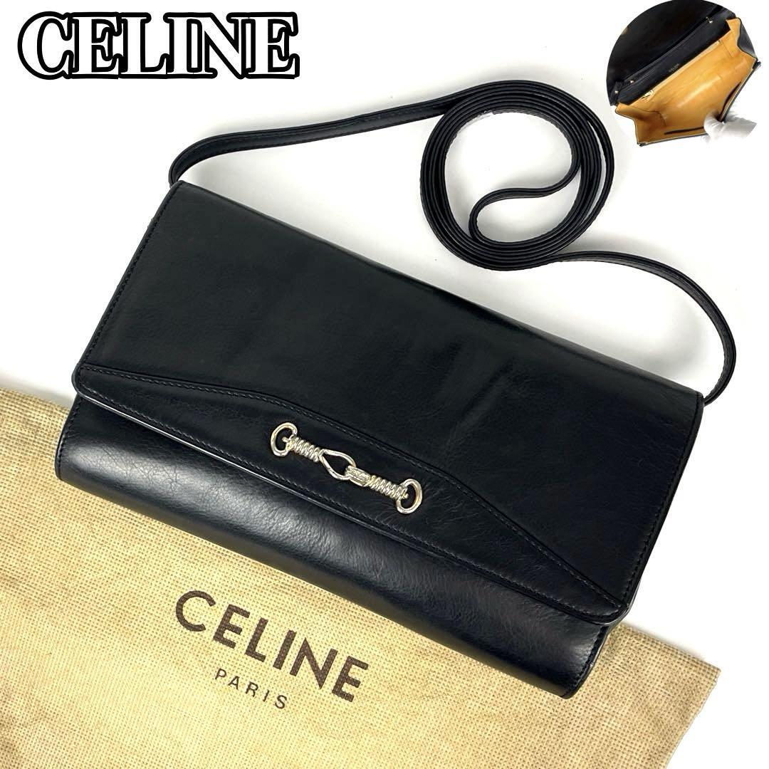 【希少】CELINE セリーヌ ショルダーバッグ 2way ホースビット 斜め掛け ボックスカーフ ブラゾン マカダム レザー 黒 ブラック フォーマル_画像1