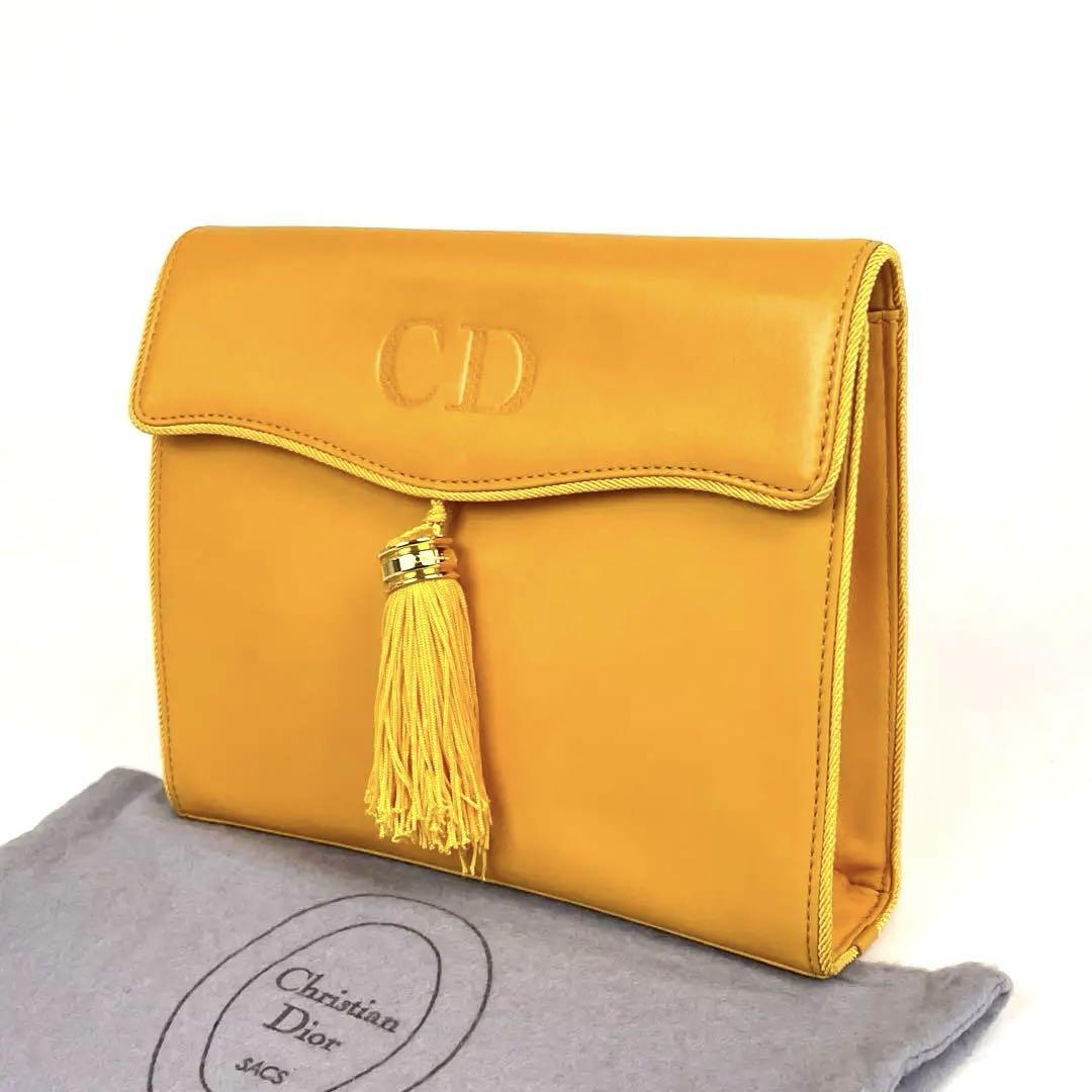【美品】Christian Dior ディオール クラッチバッグ CD ロゴ型押し ゴールド金具 フリンジ レザー 黄色 イエロー マスタード ポーチ
